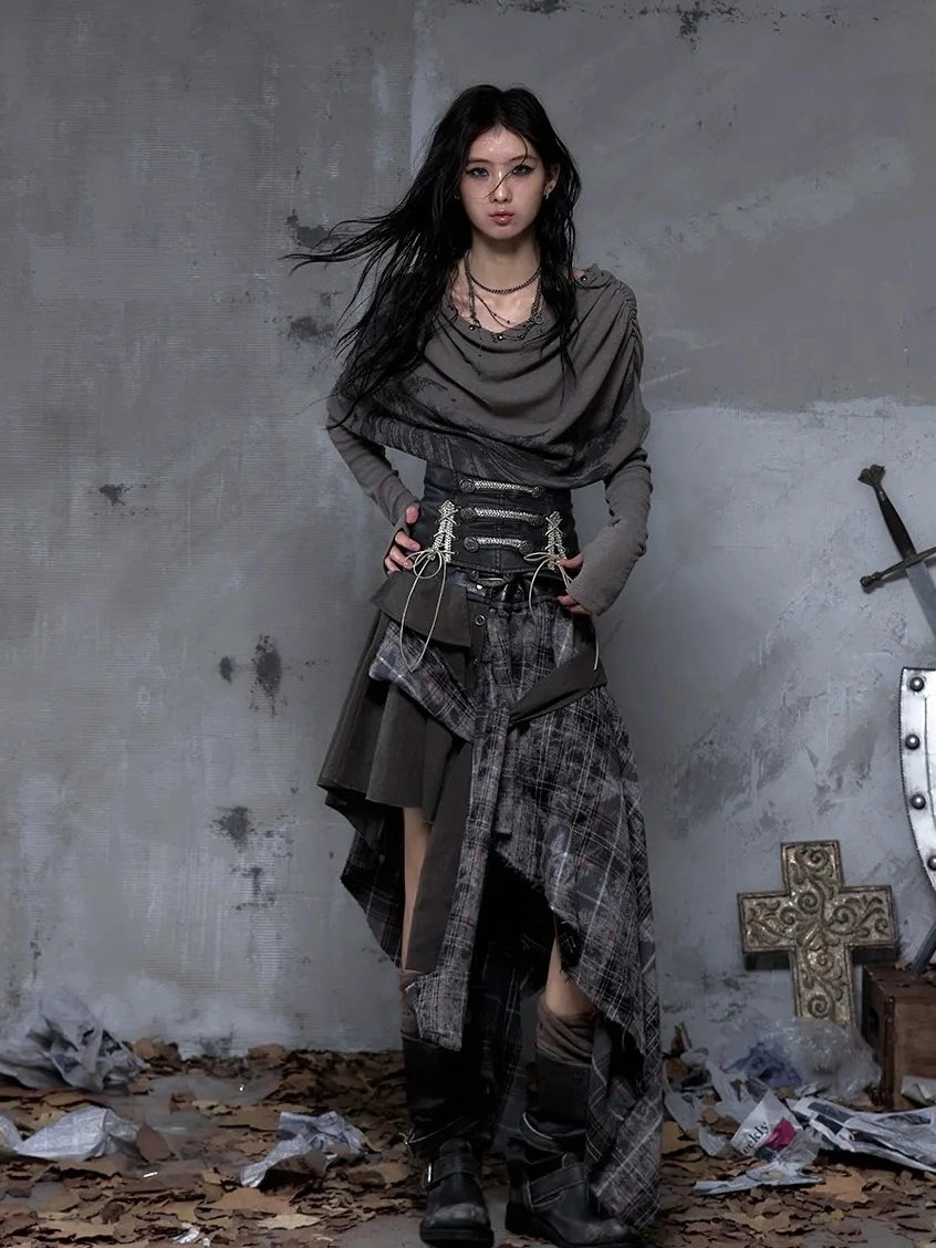 NO ROMANCE Edgy Asymmetric Wrap Patchwork Slim Fit Mid Waist Women Rock Citywalk Skirt