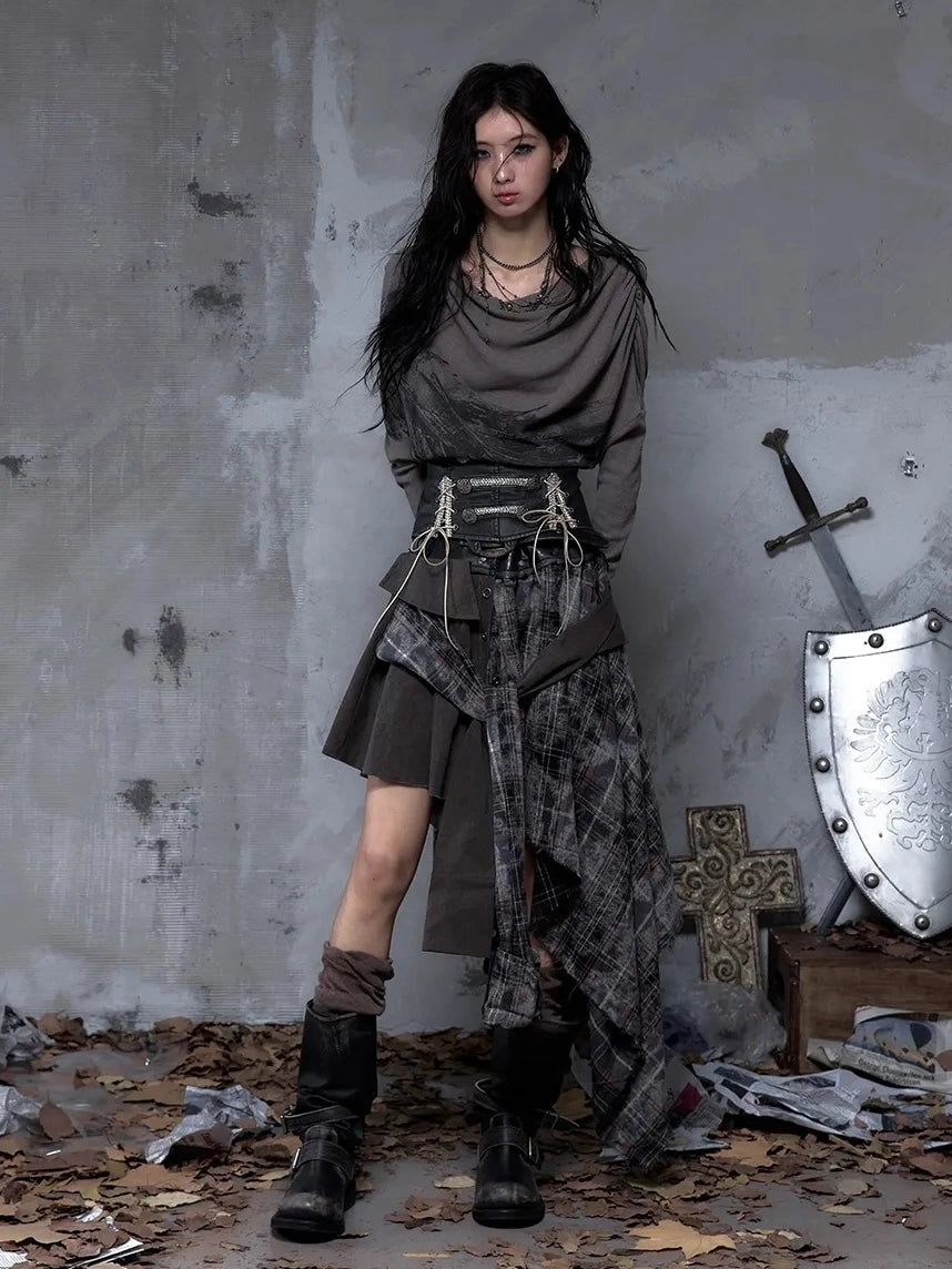 NO ROMANCE Edgy Asymmetric Wrap Patchwork Slim Fit Mid Waist Women Rock Citywalk Skirt