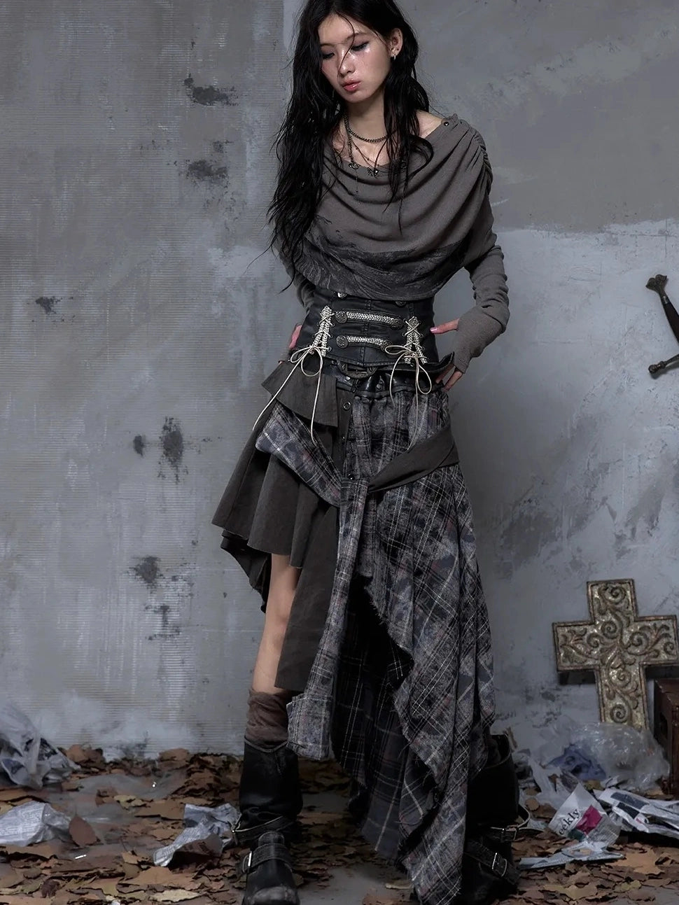 NO ROMANCE Edgy Asymmetric Wrap Patchwork Slim Fit Mid Waist Women Rock Citywalk Skirt