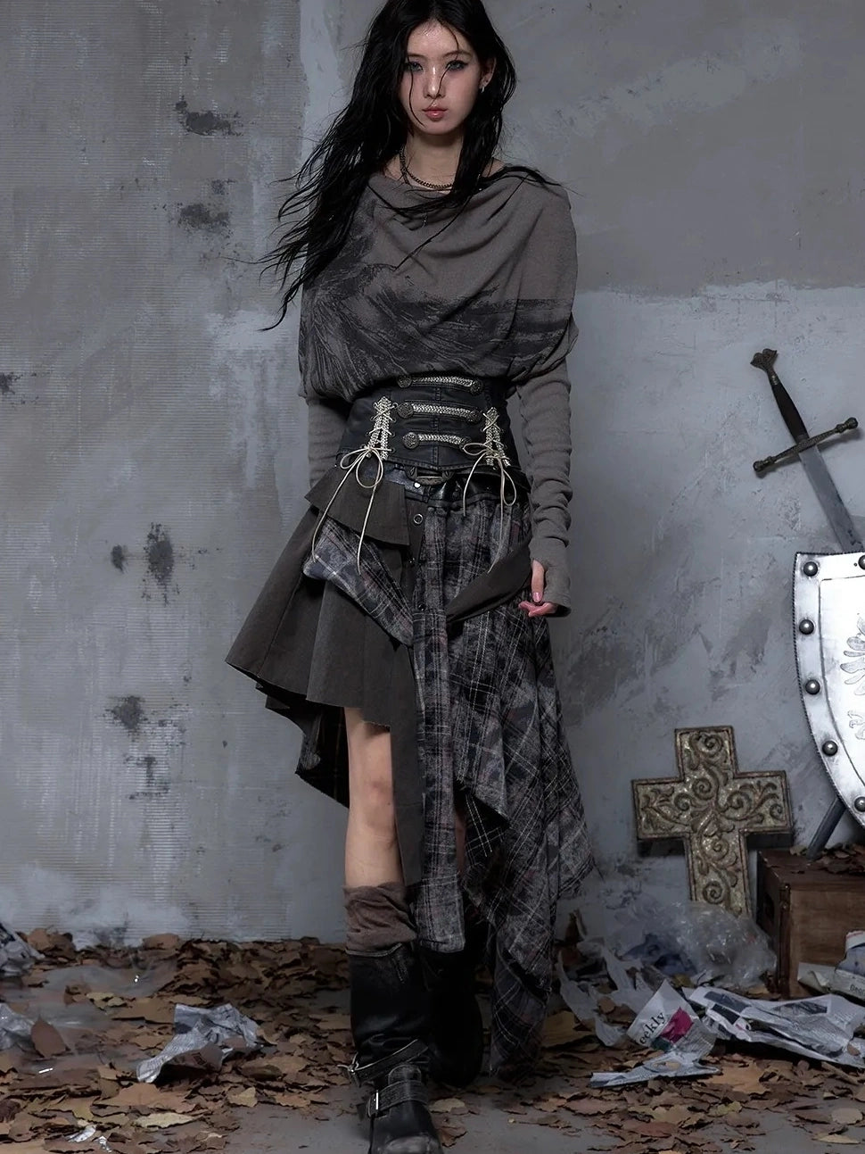 NO ROMANCE Edgy Asymmetric Wrap Patchwork Slim Fit Mid Waist Women Rock Citywalk Skirt