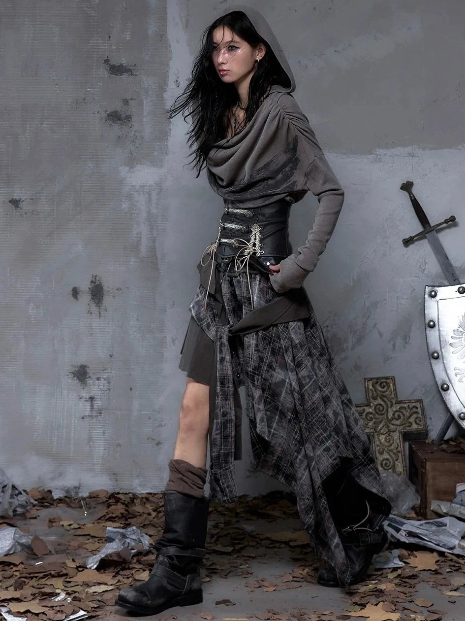 NO ROMANCE Edgy Asymmetric Wrap Patchwork Slim Fit Mid Waist Women Rock Citywalk Skirt