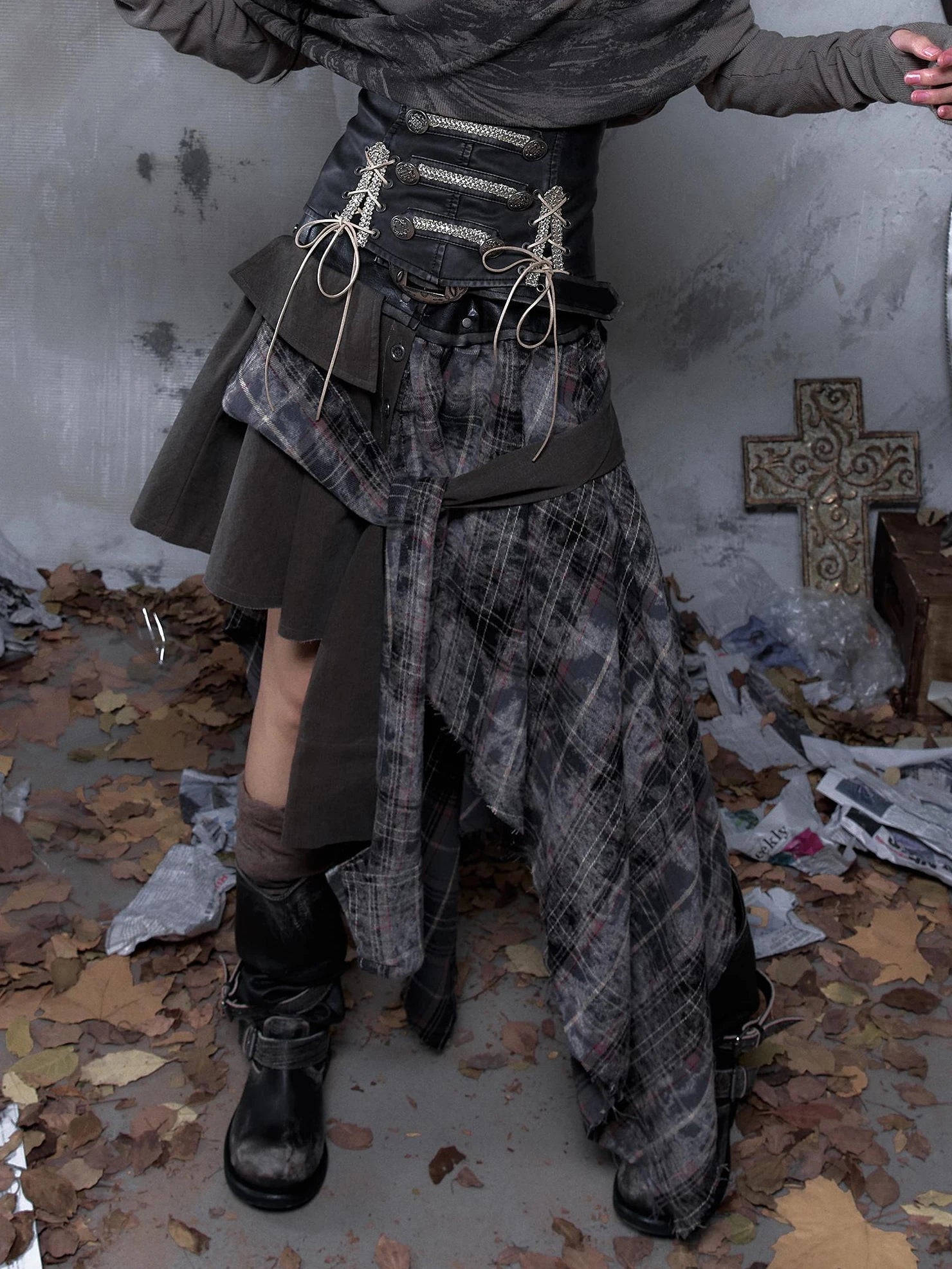 NO ROMANCE Edgy Asymmetric Wrap Patchwork Slim Fit Mid Waist Women Rock Citywalk Skirt