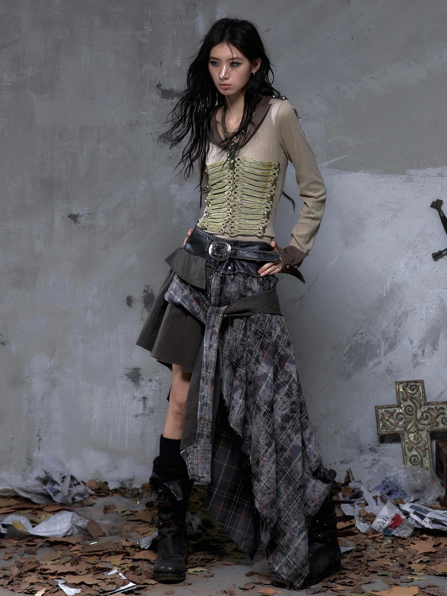 NO ROMANCE Edgy Asymmetric Wrap Patchwork Slim Fit Mid Waist Women Rock Citywalk Skirt