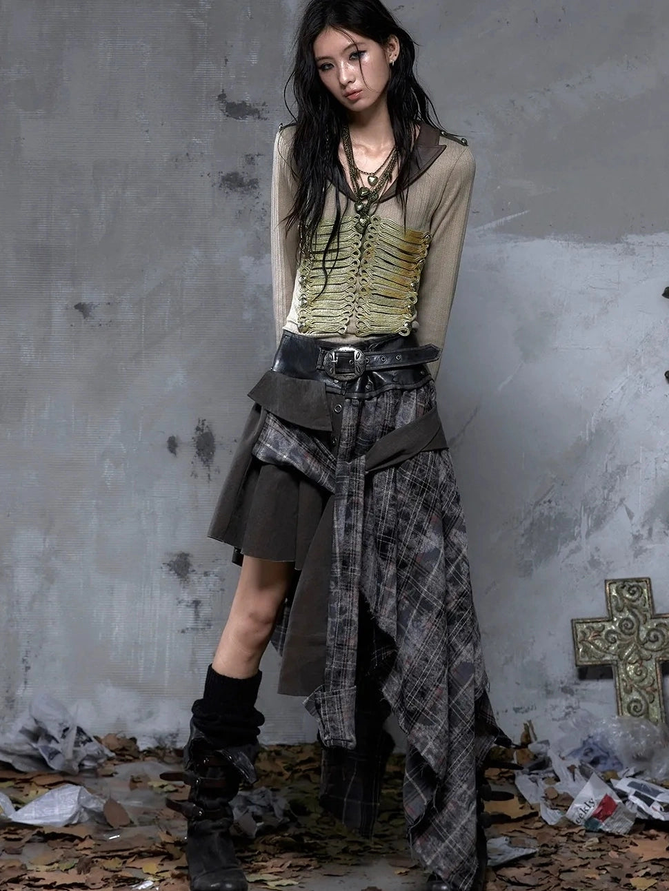 NO ROMANCE Edgy Asymmetric Wrap Patchwork Slim Fit Mid Waist Women Rock Citywalk Skirt