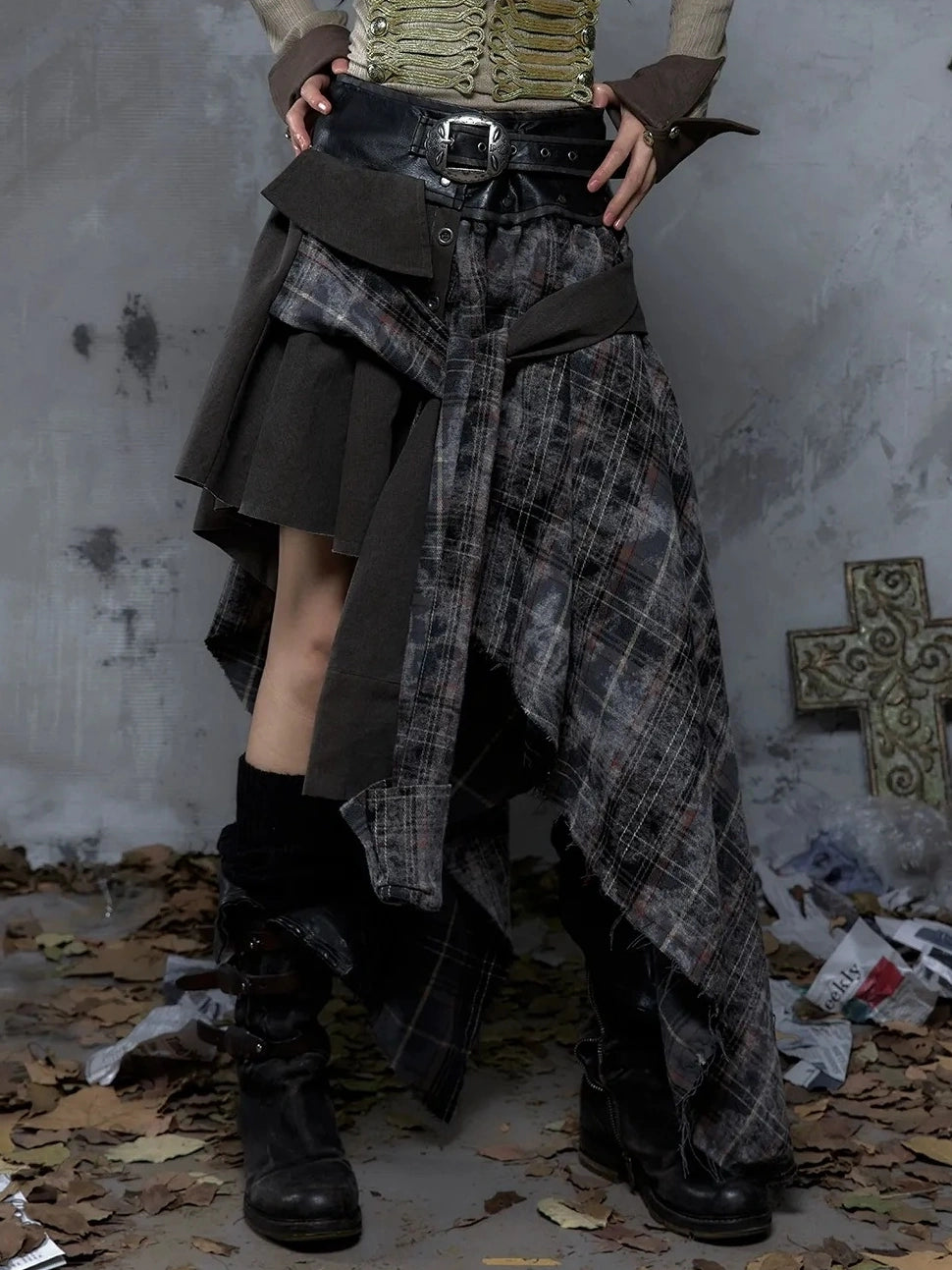 NO ROMANCE Edgy Asymmetric Wrap Patchwork Slim Fit Mid Waist Women Rock Citywalk Skirt