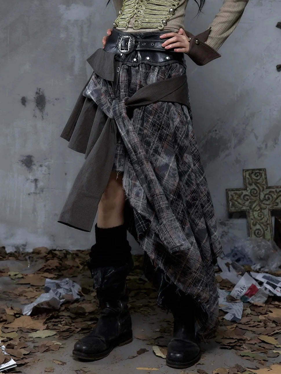 NO ROMANCE Edgy Asymmetric Wrap Patchwork Slim Fit Mid Waist Women Rock Citywalk Skirt