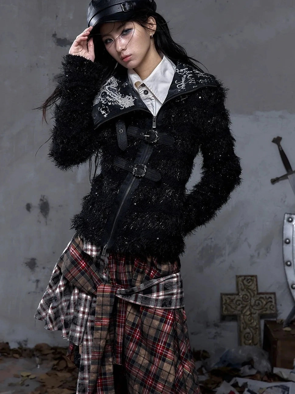 NO ROMANCE Edgy Gothic Zip Up Lapel Cropped Long Sleeve Metal Accents Black Womens Jacket