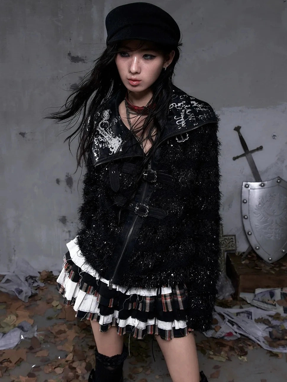 NO ROMANCE Edgy Gothic Zip Up Lapel Cropped Long Sleeve Metal Accents Black Womens Jacket