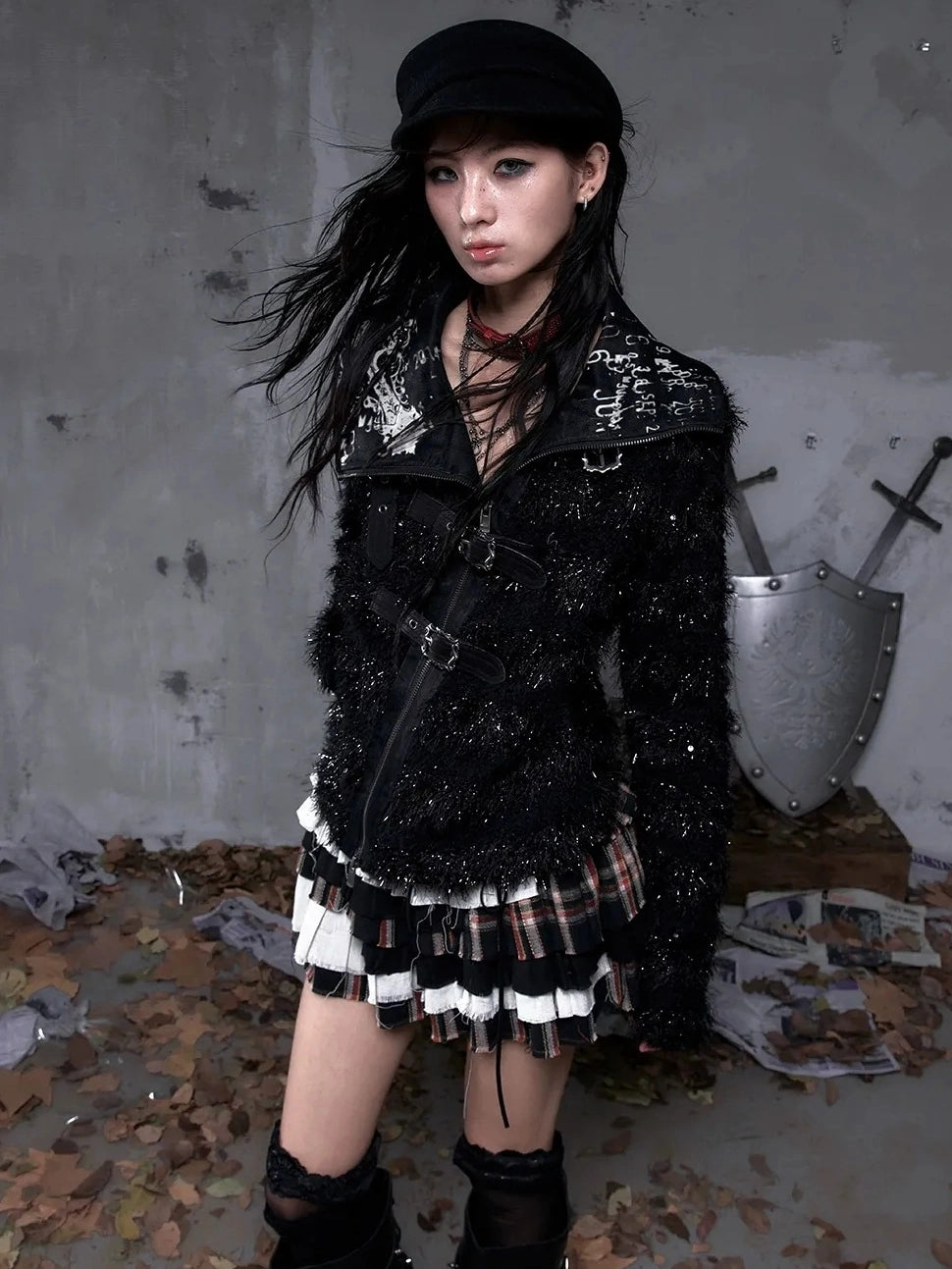 NO ROMANCE Edgy Gothic Zip Up Lapel Cropped Long Sleeve Metal Accents Black Womens Jacket