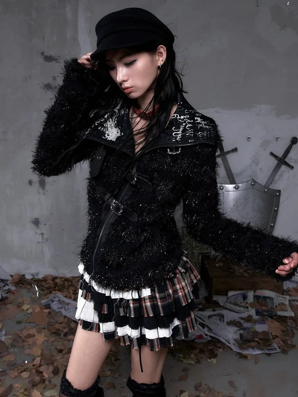 NO ROMANCE Edgy Gothic Zip Up Lapel Cropped Long Sleeve Metal Accents Black Womens Jacket