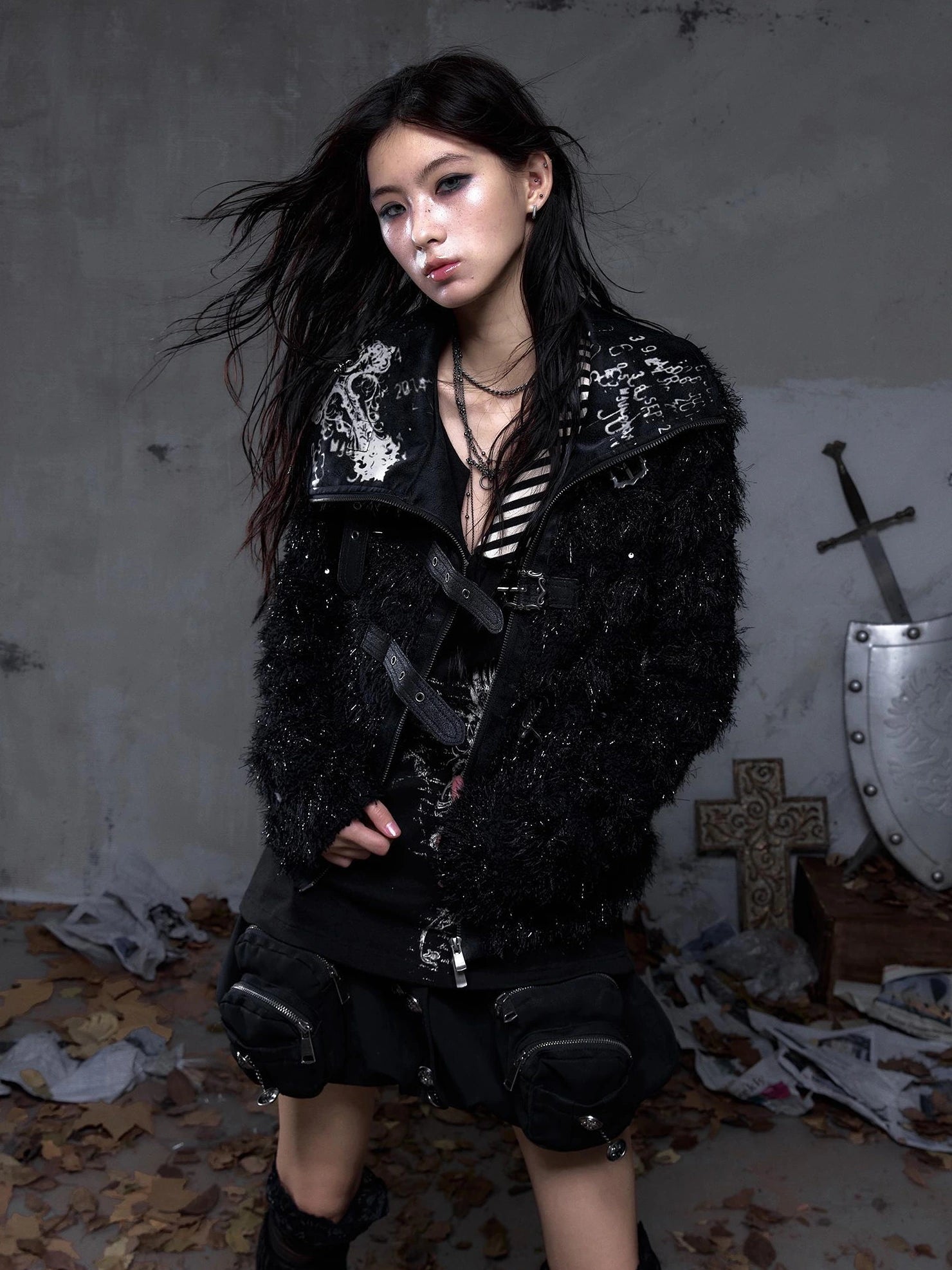 NO ROMANCE Edgy Gothic Zip Up Lapel Cropped Long Sleeve Metal Accents Black Womens Jacket