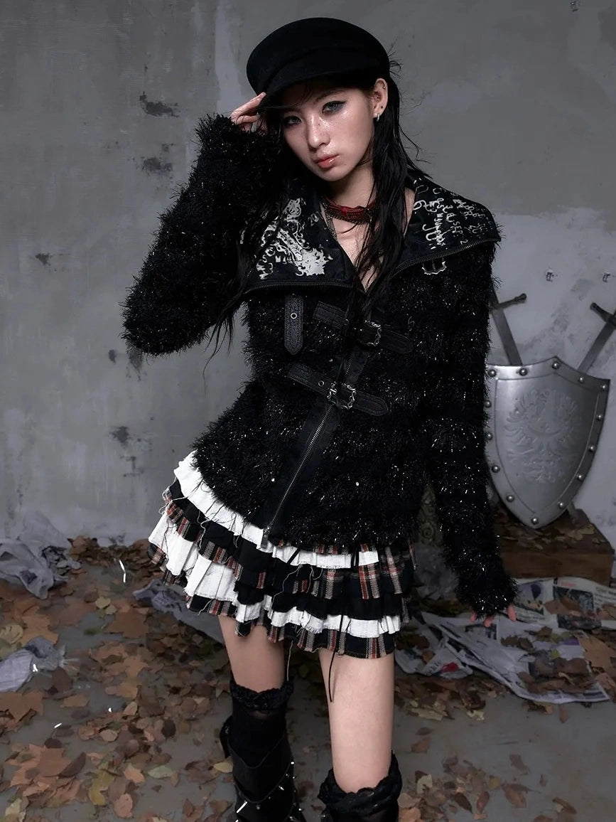 NO ROMANCE Edgy Gothic Zip Up Lapel Cropped Long Sleeve Metal Accents Black Womens Jacket