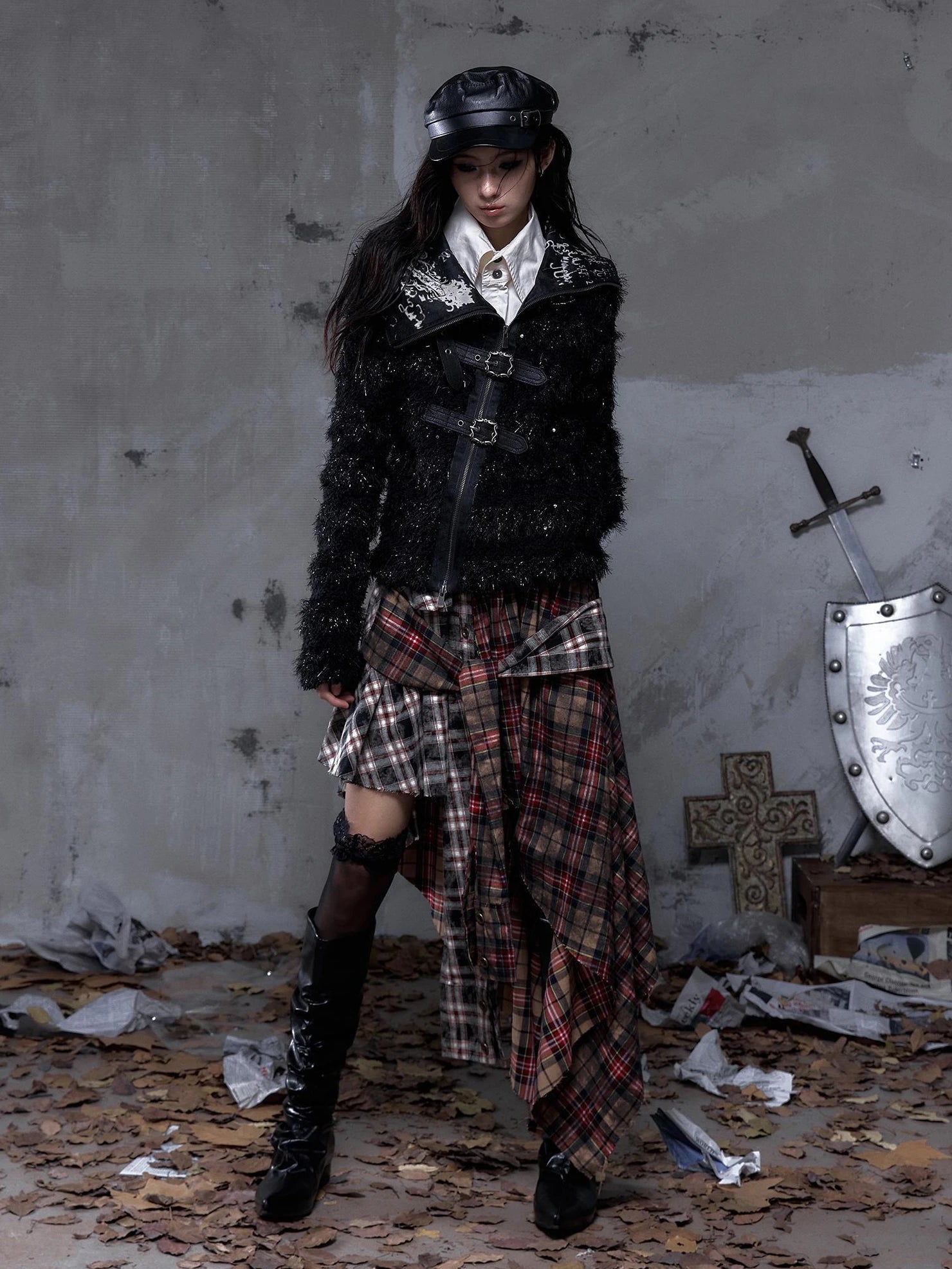 NO ROMANCE Edgy Gothic Zip Up Lapel Cropped Long Sleeve Metal Accents Black Womens Jacket