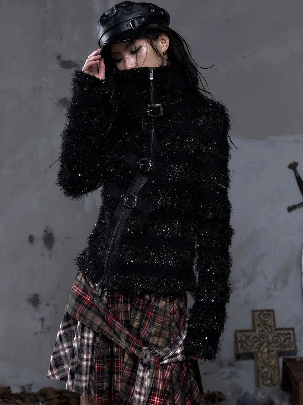 NO ROMANCE Edgy Gothic Zip Up Lapel Cropped Long Sleeve Metal Accents Black Womens Jacket