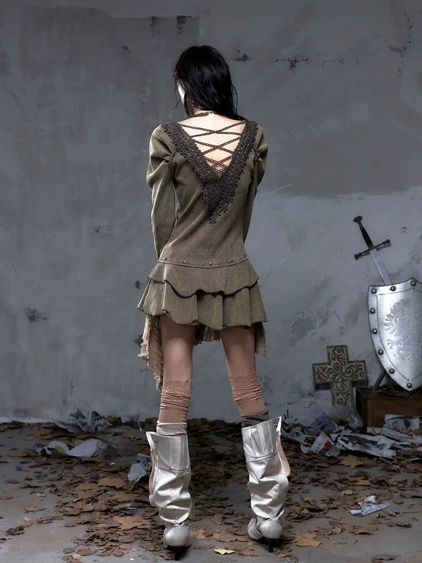 NO ROMANCE Elegant Palace Style V Neck Long Sleeve Knit A Line Slim Fit Women Dresses