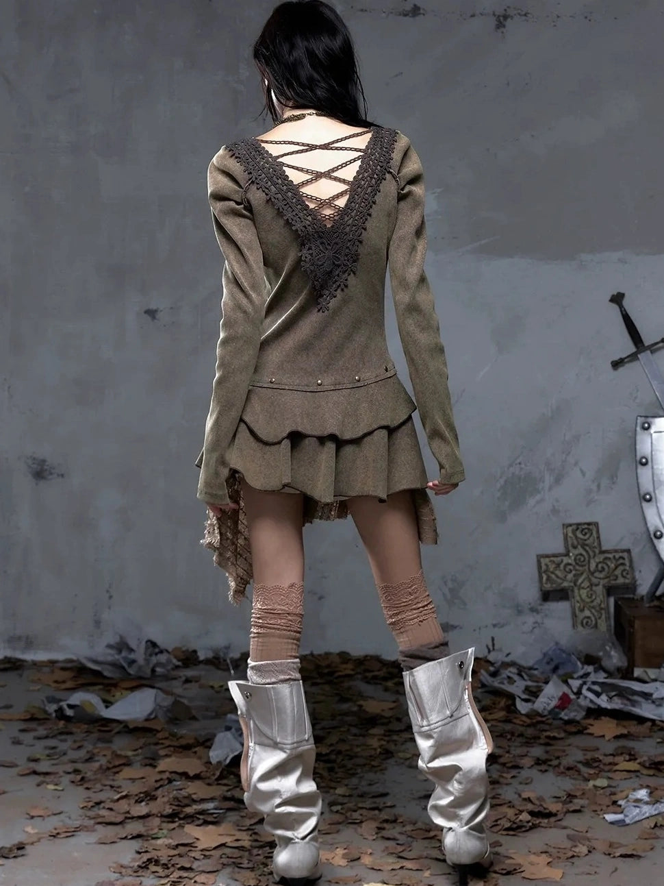 NO ROMANCE Elegant Palace Style V Neck Long Sleeve Knit A Line Slim Fit Women Dresses