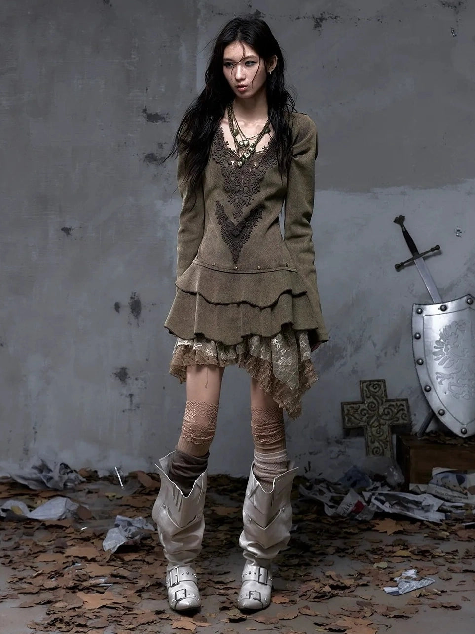 NO ROMANCE Elegant Palace Style V Neck Long Sleeve Knit A Line Slim Fit Women Dresses