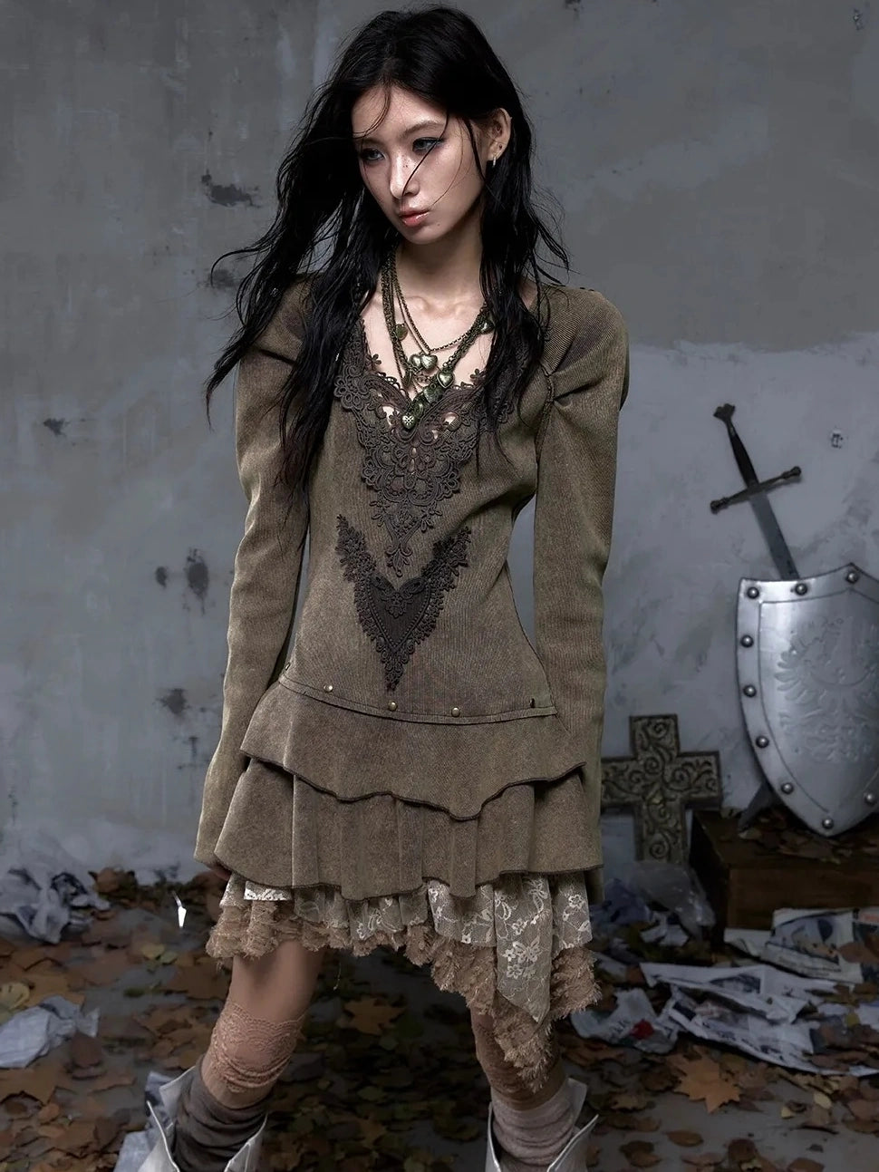 NO ROMANCE Elegant Palace Style V Neck Long Sleeve Knit A Line Slim Fit Women Dresses