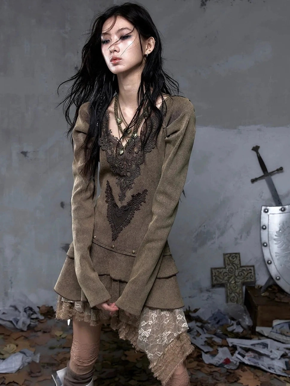 NO ROMANCE Elegant Palace Style V Neck Long Sleeve Knit A Line Slim Fit Women Dresses