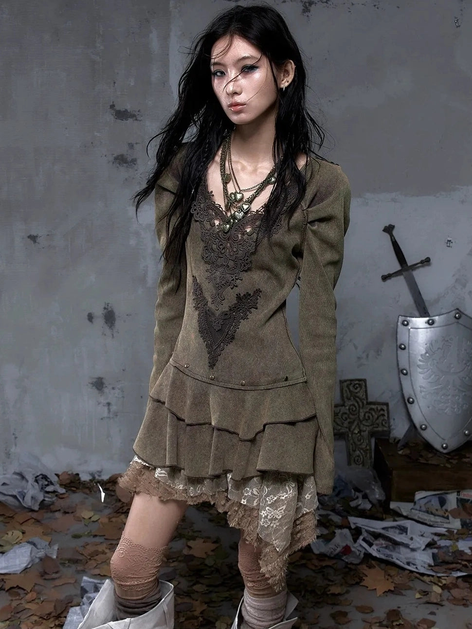 NO ROMANCE Elegant Palace Style V Neck Long Sleeve Knit A Line Slim Fit Women Dresses