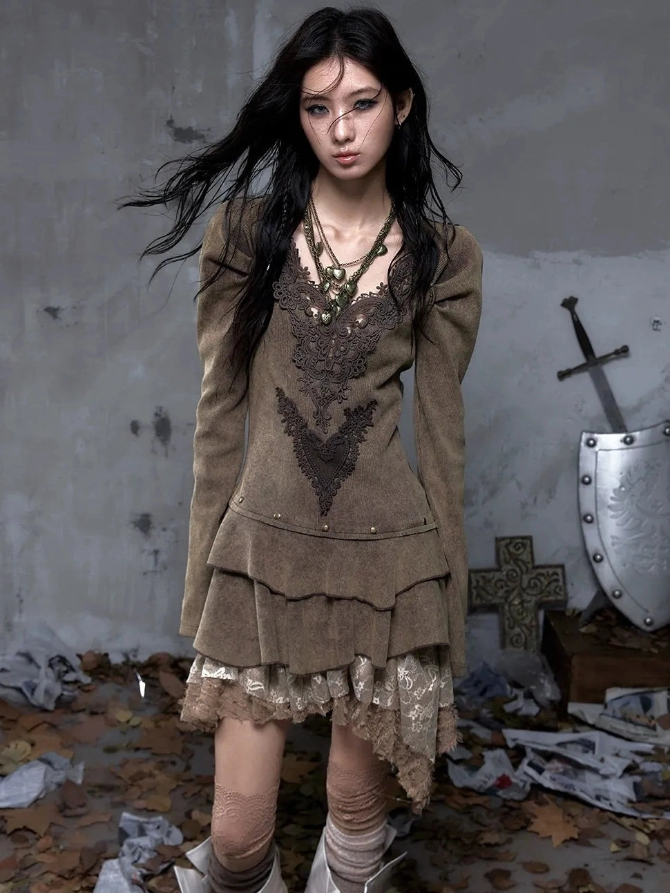 NO ROMANCE Elegant Palace Style V Neck Long Sleeve Knit A Line Slim Fit Women Dresses