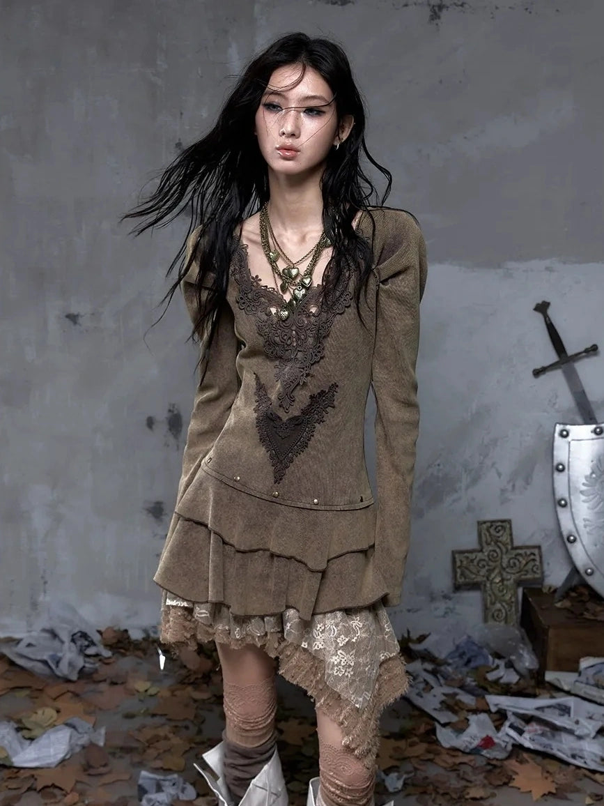 NO ROMANCE Elegant Palace Style V Neck Long Sleeve Knit A Line Slim Fit Women Dresses