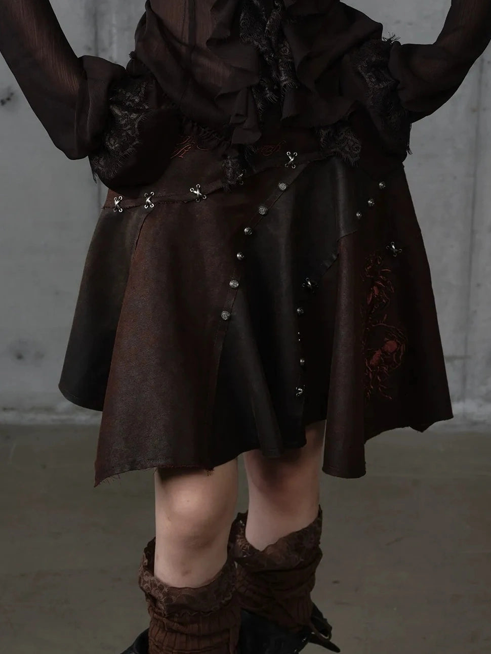 NO ROMANCE Embroidered Asymmetrical Mid Waist Royal Court Casual Women Burgundy Skirt