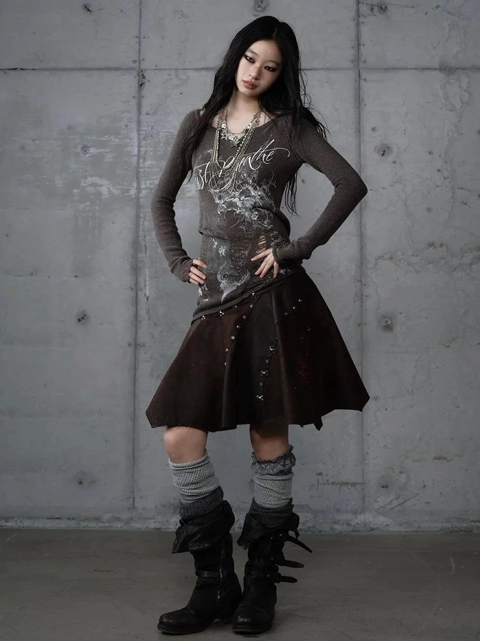 NO ROMANCE Embroidered Asymmetrical Mid Waist Royal Court Casual Women Burgundy Skirt