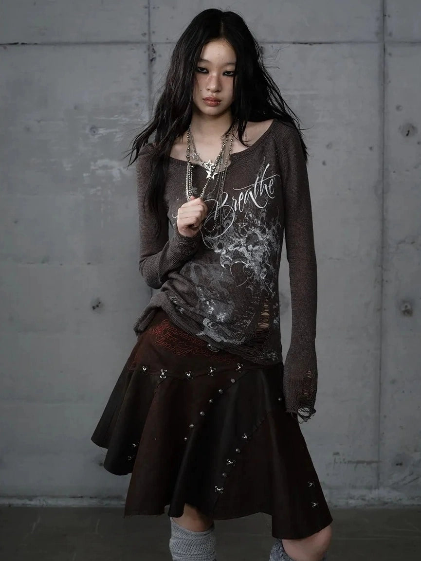 NO ROMANCE Embroidered Asymmetrical Mid Waist Royal Court Casual Women Burgundy Skirt