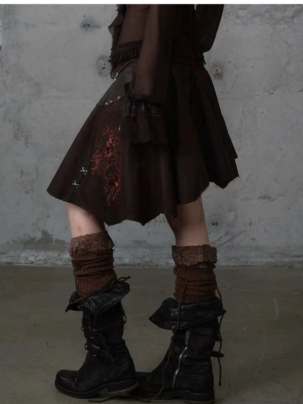 NO ROMANCE Embroidered Asymmetrical Mid Waist Royal Court Casual Women Burgundy Skirt