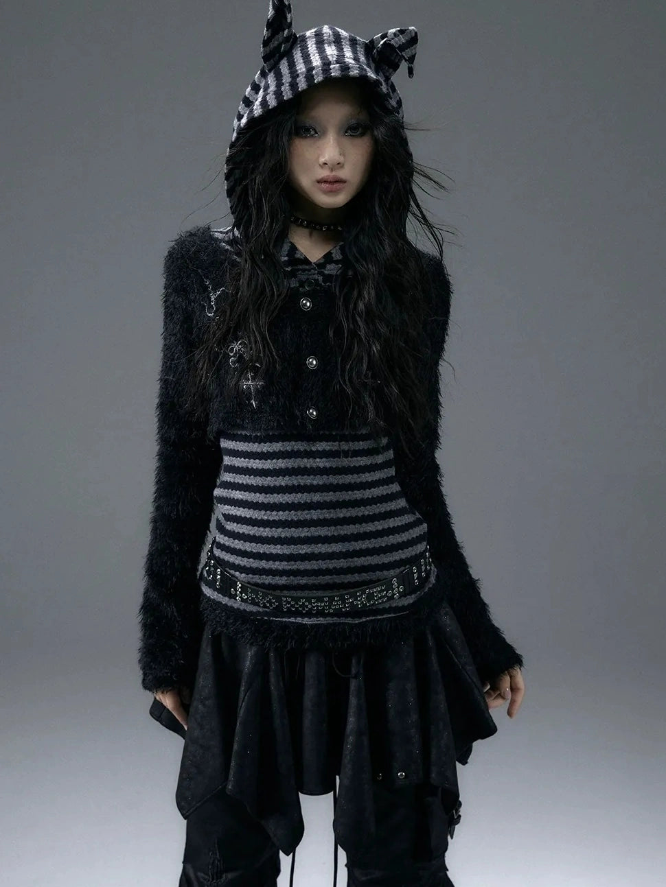 NO ROMANCE Embroidered Cross Striped Slim Hooded Buttoned Acrylic Blend Young Women Jacket