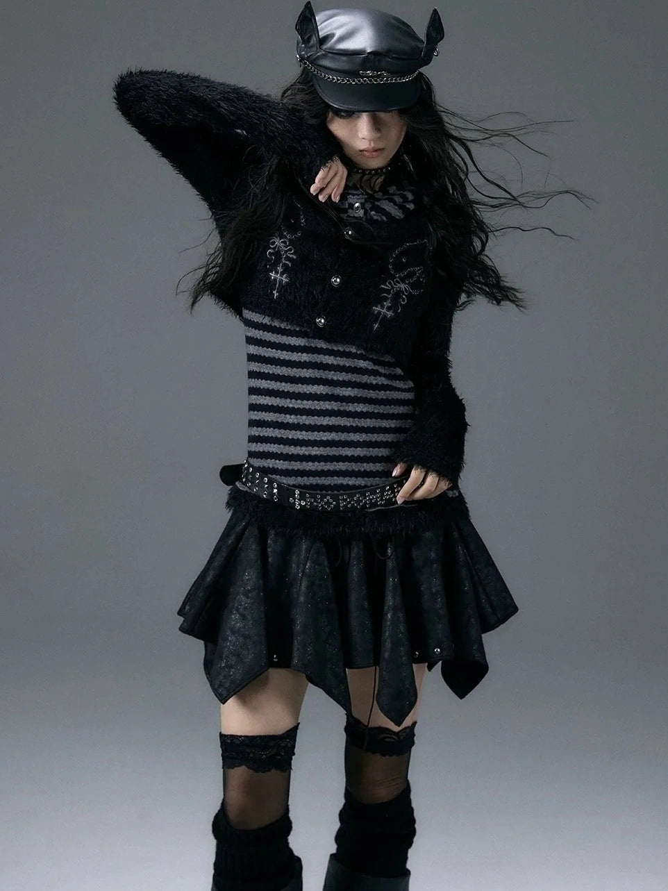 NO ROMANCE Embroidered Cross Striped Slim Hooded Buttoned Acrylic Blend Young Women Jacket