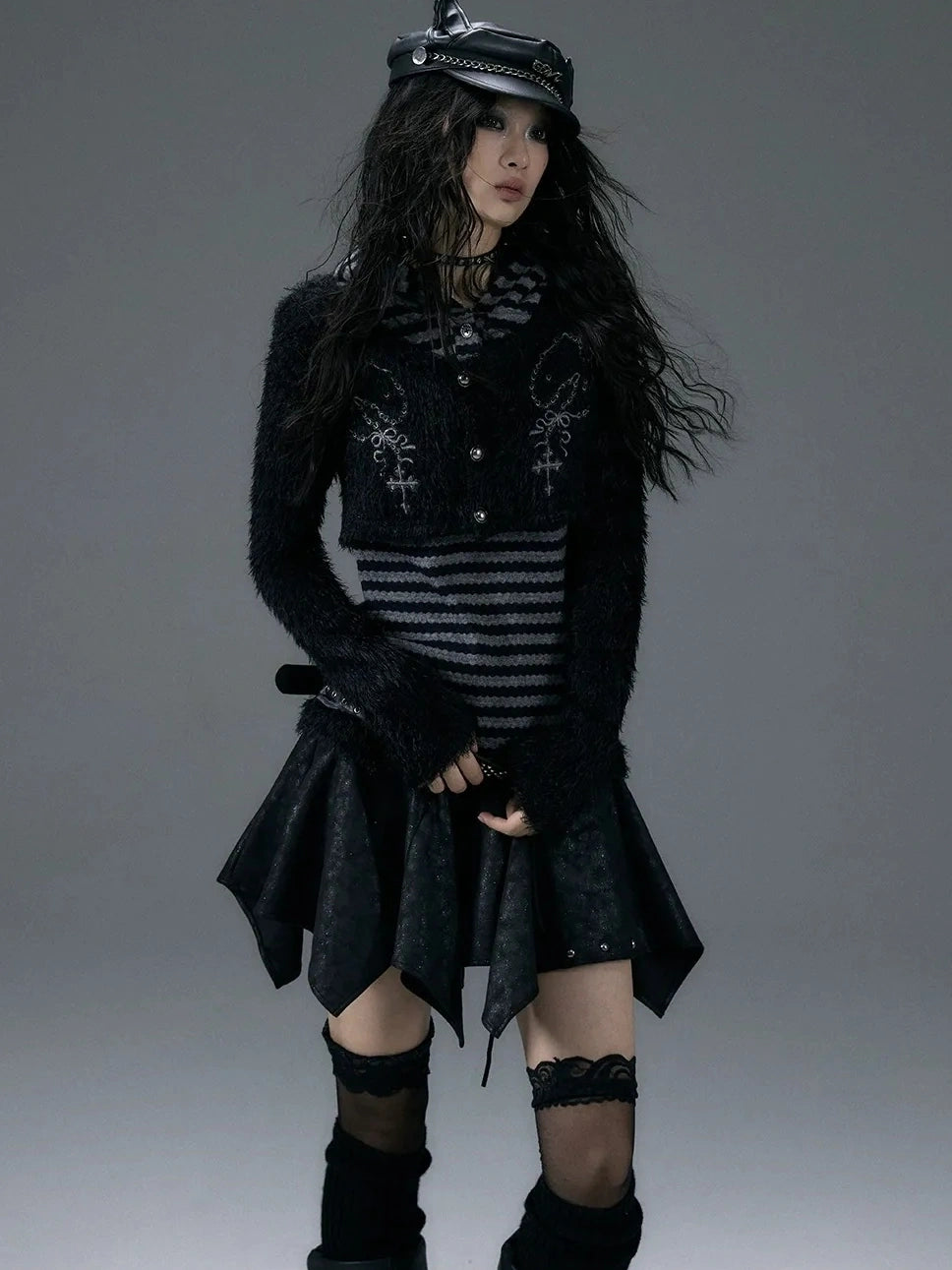 NO ROMANCE Embroidered Cross Striped Slim Hooded Buttoned Acrylic Blend Young Women Jacket