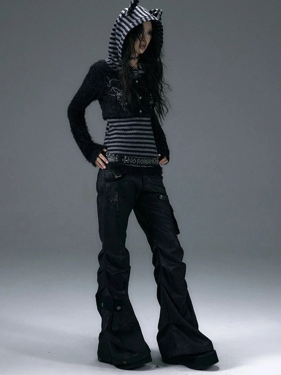 NO ROMANCE Embroidered Cross Striped Slim Hooded Buttoned Acrylic Blend Young Women Jacket