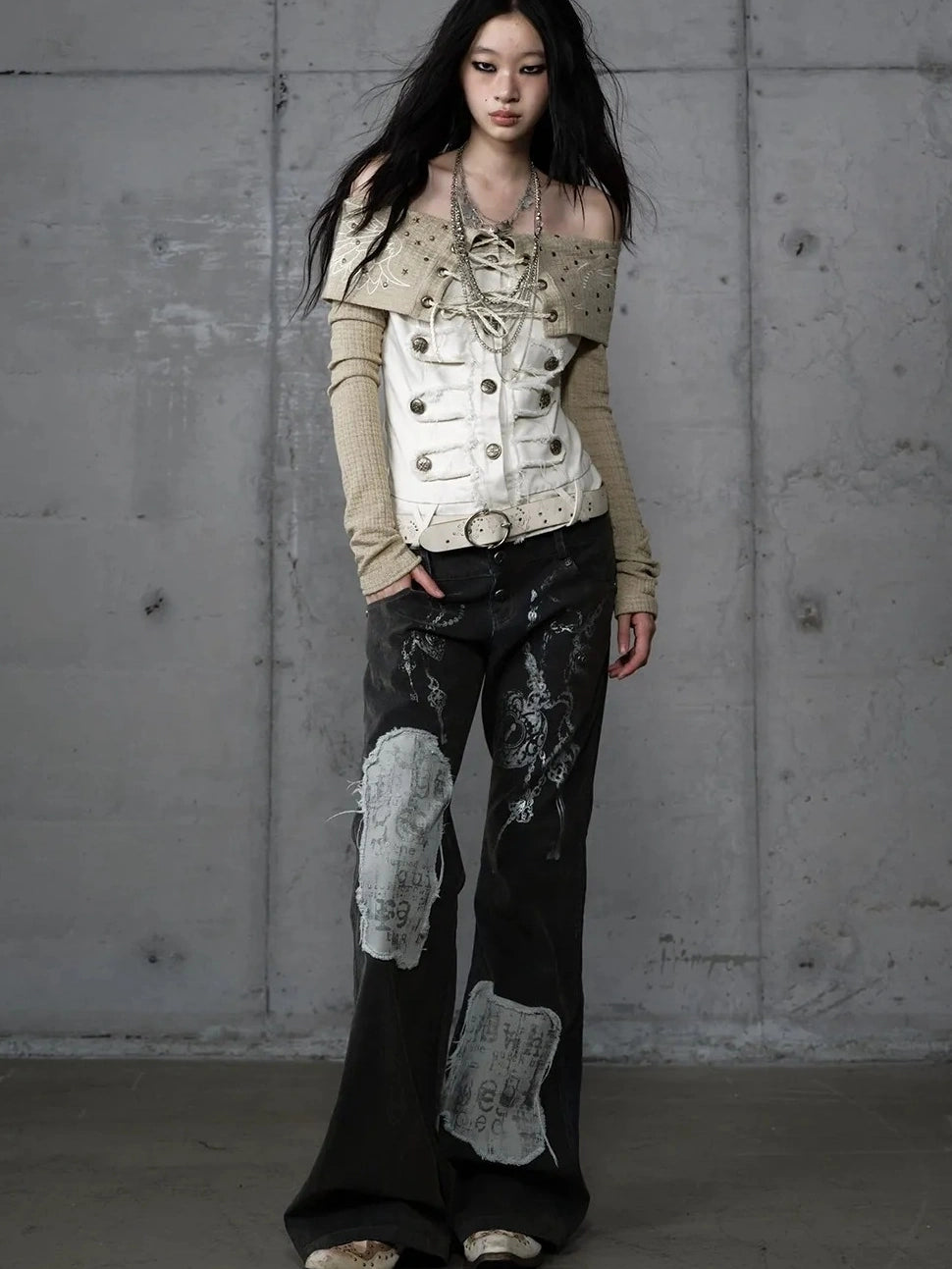 NO ROMANCE Embroidered Rhinestone Retro Knit Pullover Long Sleeve Women Tops Blouse