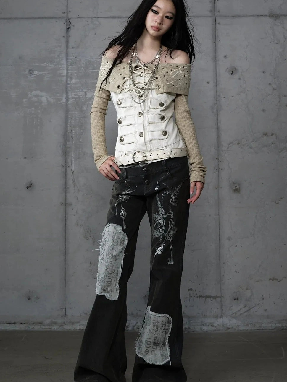 NO ROMANCE Embroidered Rhinestone Retro Knit Pullover Long Sleeve Women Tops Blouse