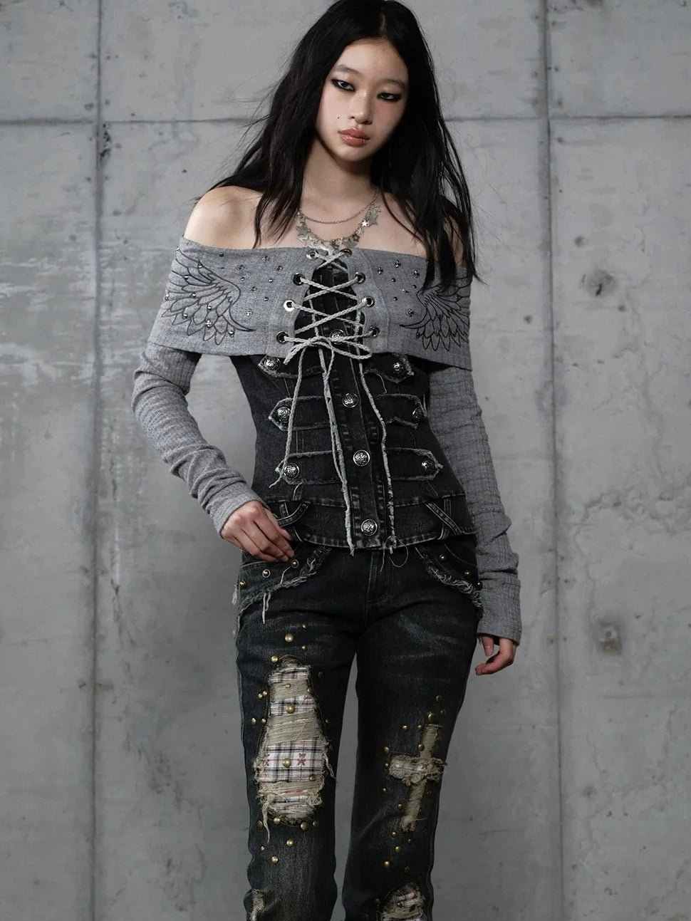 NO ROMANCE Embroidered Rhinestone Retro Knit Pullover Long Sleeve Women Tops Blouse