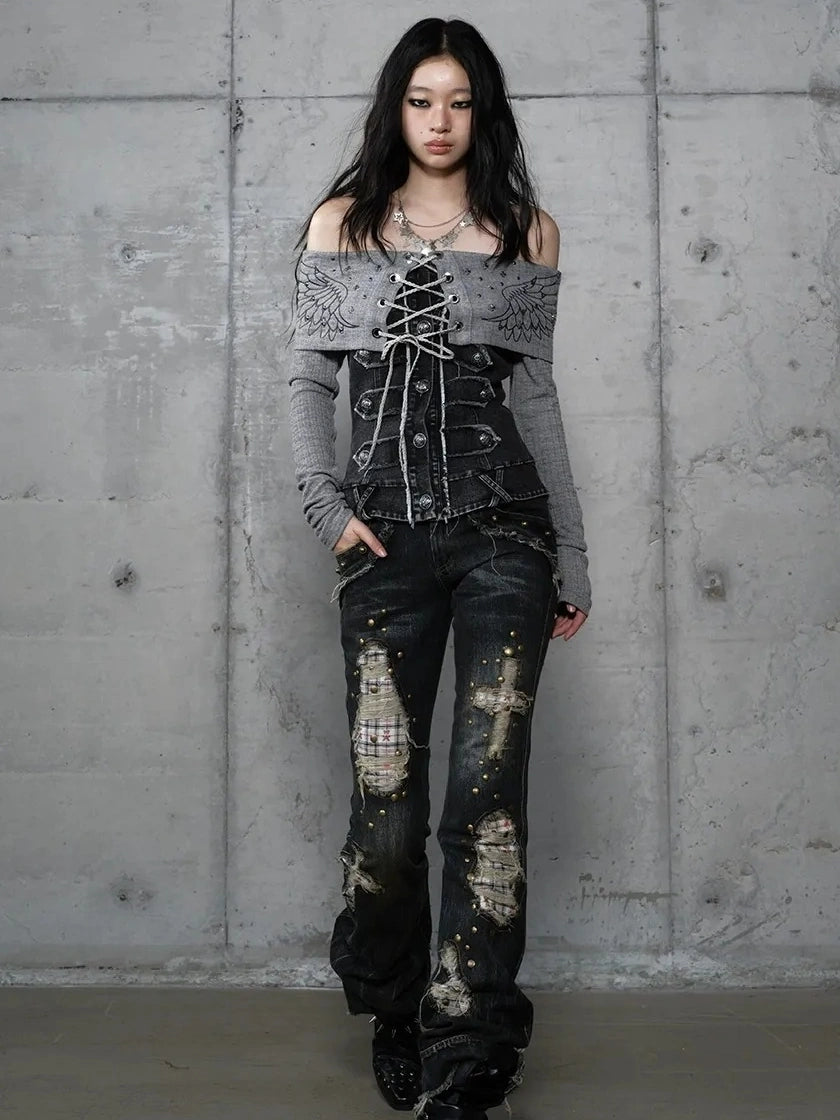 NO ROMANCE Embroidered Rhinestone Retro Knit Pullover Long Sleeve Women Tops Blouse