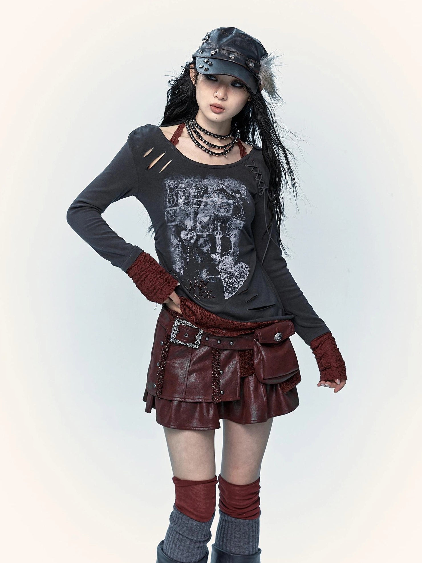 NO ROMANCE Faux Two Piece Retro A Line Low Waist Women Stretch Patchwork Burgundy Skirt