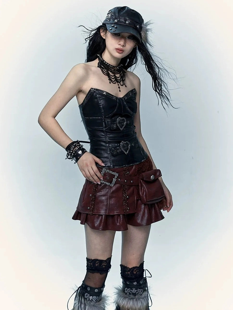 NO ROMANCE Faux Two Piece Retro A Line Low Waist Women Stretch Patchwork Burgundy Skirt