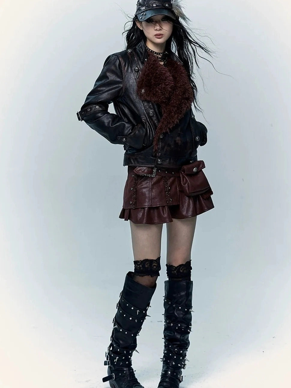 NO ROMANCE Faux Two Piece Retro A Line Low Waist Women Stretch Patchwork Burgundy Skirt