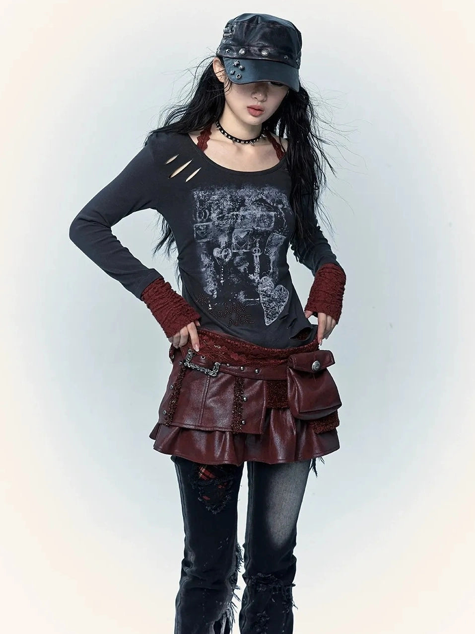 NO ROMANCE Faux Two Piece Retro A Line Low Waist Women Stretch Patchwork Burgundy Skirt