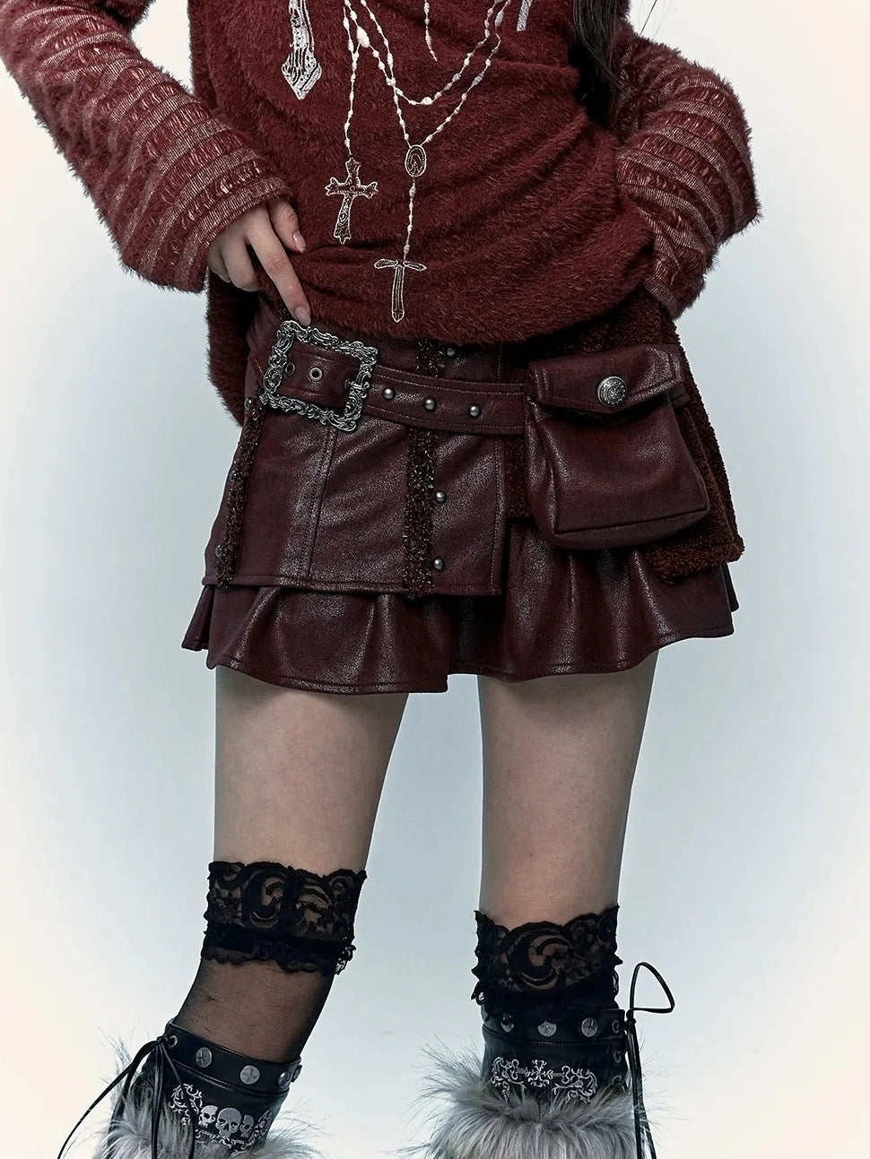 NO ROMANCE Faux Two Piece Retro A Line Low Waist Women Stretch Patchwork Burgundy Skirt