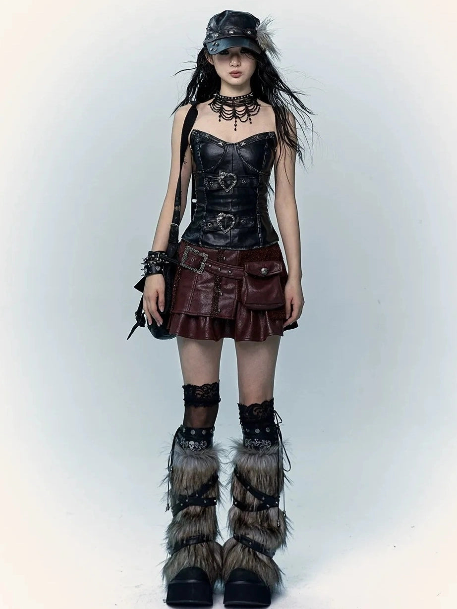 NO ROMANCE Faux Two Piece Retro A Line Low Waist Women Stretch Patchwork Burgundy Skirt