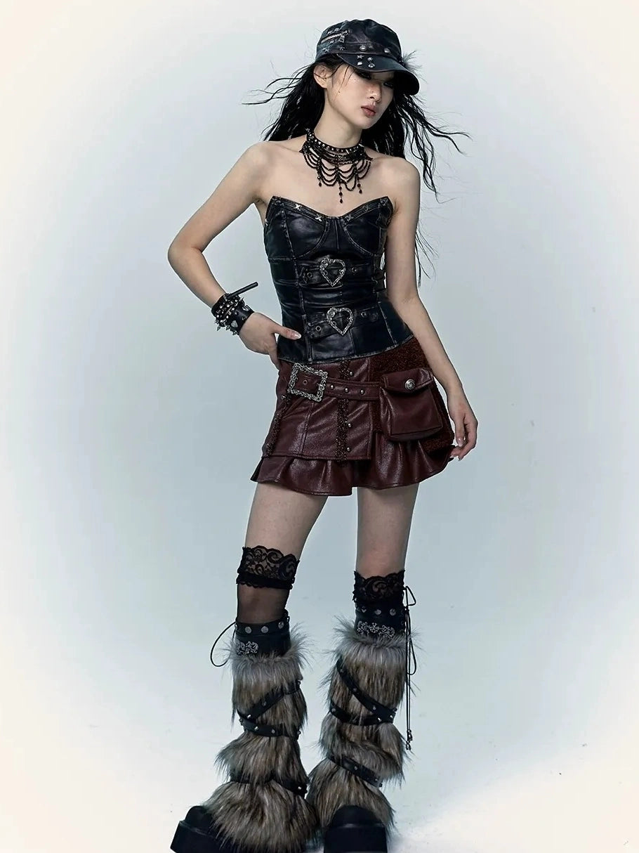 NO ROMANCE Faux Two Piece Retro A Line Low Waist Women Stretch Patchwork Burgundy Skirt