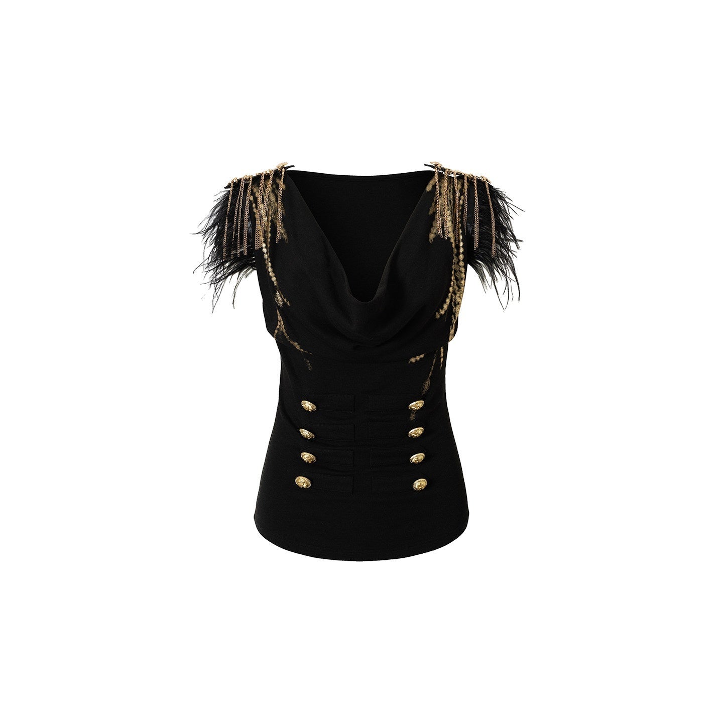 NO_ROMANCE_Gold_Foil_Ostrich_Tassel_Epaulet_Drape_Neck_Slim_Women&