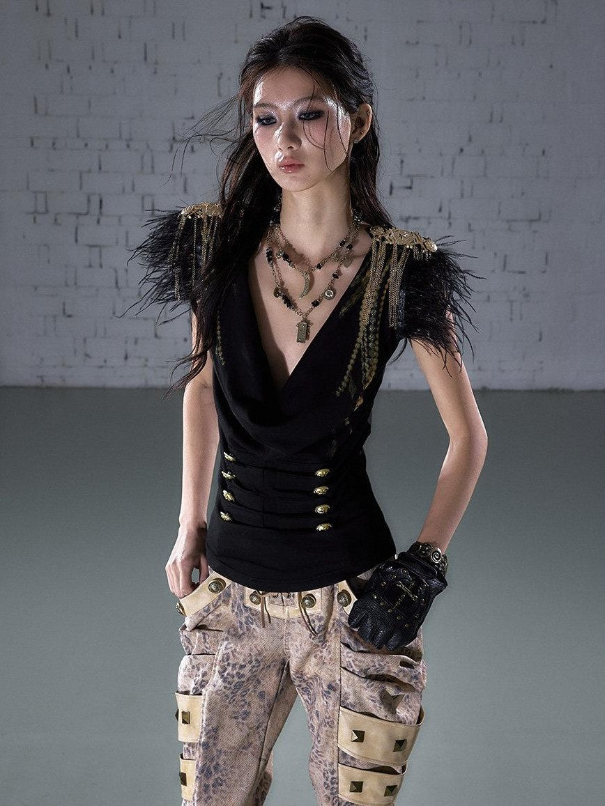 NO ROMANCE Gold Foil Ostrich Tassel Epaulet Drape Neck Slim Women&