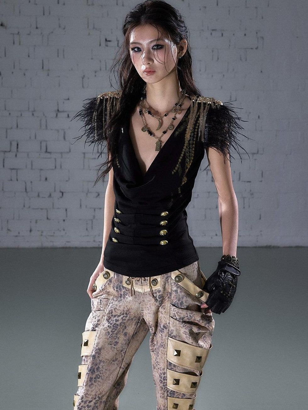 NO ROMANCE Gold Foil Ostrich Tassel Epaulet Drape Neck Slim Women&