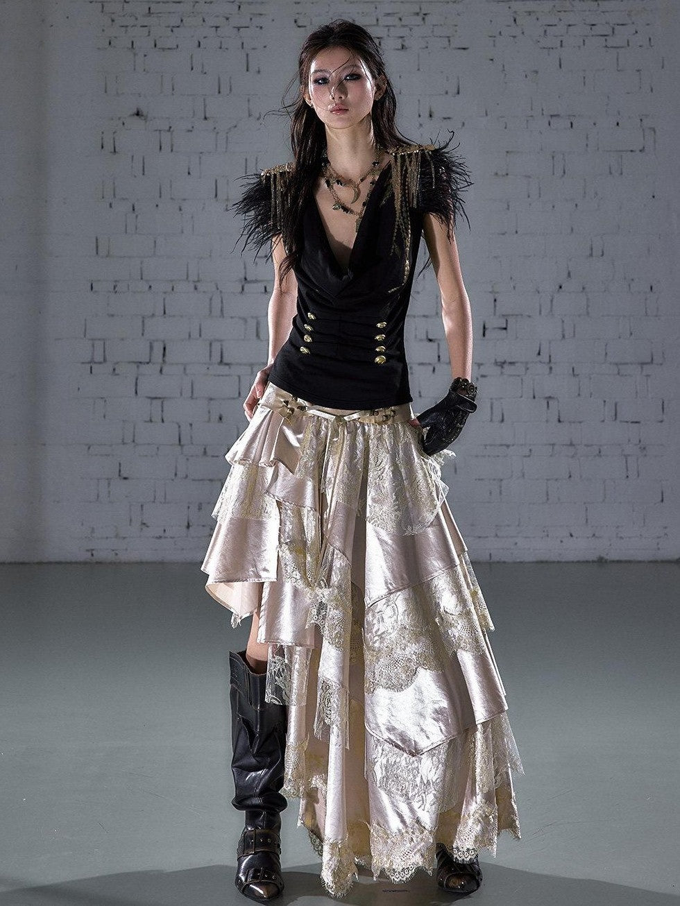 NO ROMANCE Gold Foil Ostrich Tassel Epaulet Drape Neck Slim Women&