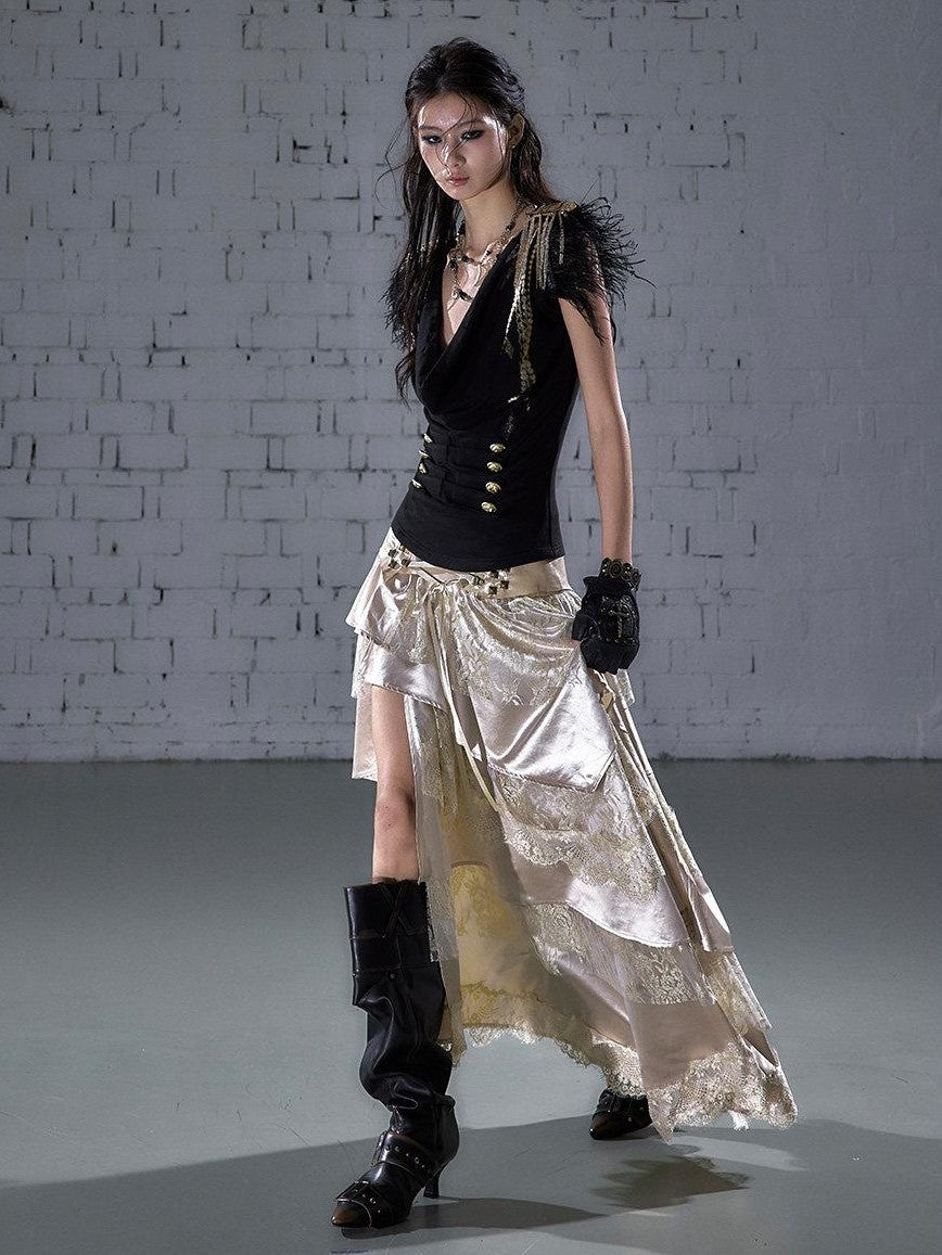 NO ROMANCE Gold Foil Ostrich Tassel Epaulet Drape Neck Slim Women&